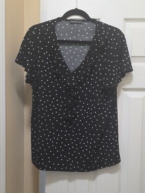 Adrianna Papell Black and White Polka Dot Ruffle V-Neck Blouse